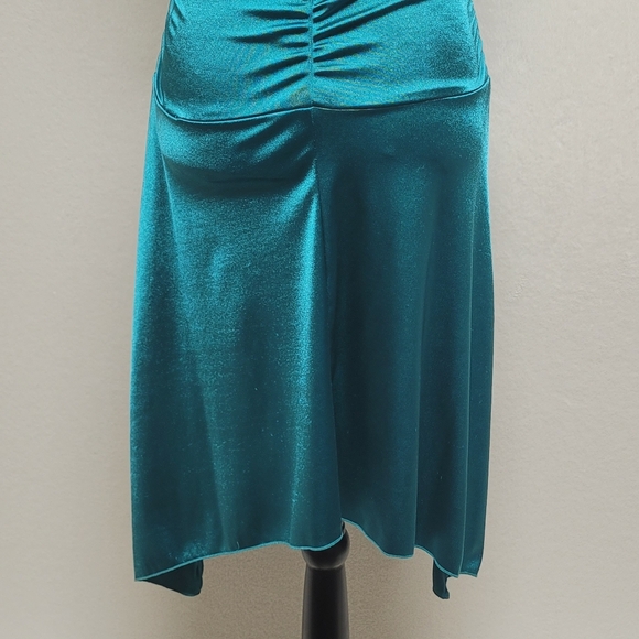 Deadstock Vintage Charlotte Russe Teal Satin Brooch Shark Bite Hem Halter Dress - Picture 11 of 14